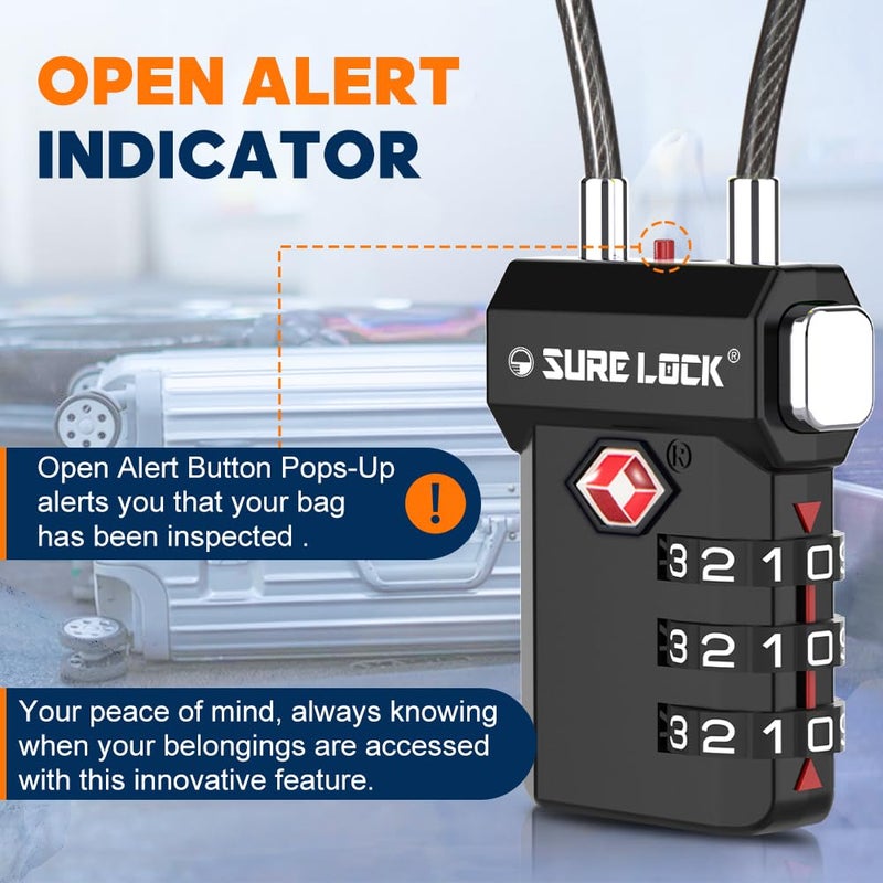 SURE LOCK قفل أمتعة سُور لوك المعتمد من TSA - أقفال TSA للأمتعة مع مؤشر الفحص البصري، مجموعة قابلة لإعادة الضبط مكونة من 3 أرقام، جسم من سبائك الزنك للحقائب، حقائب الظهر، خزائن الصالة الرياضية (أسود 4 عبوات) - Image 5